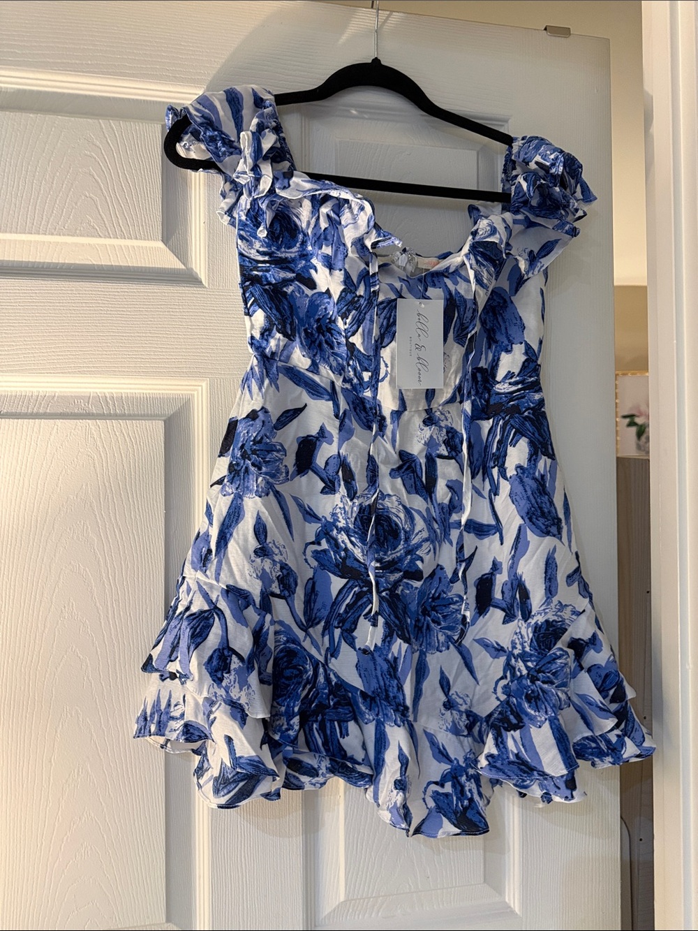 Bella & Bloom Blue and White Floral Ruffle Off the Shoulder Dress